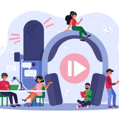 Radio broadcasting concept. Happy radio host with microphone interviewing celebrity woman in studio. People with headset listening to radio podcast