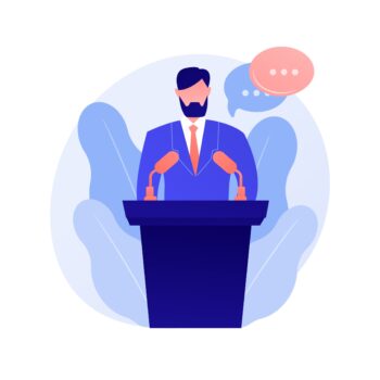 Business conference, corporate presentation. Female speaker flat character with empty speech bubbles. Political debates, professor, seminar. Vector isolated concept metaphor illustration